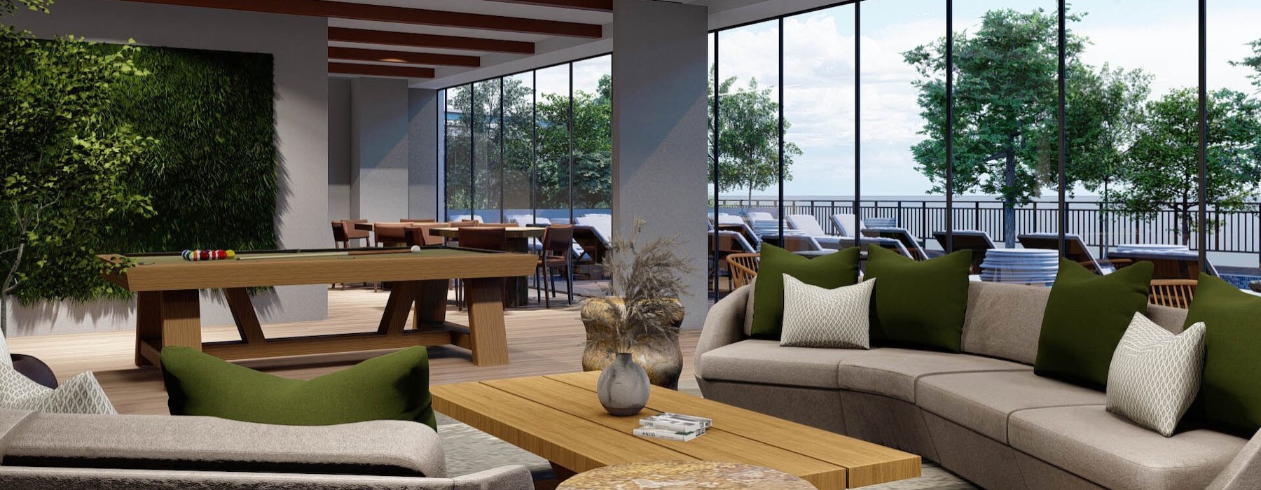 clubroom with a pool table, large windows and couches