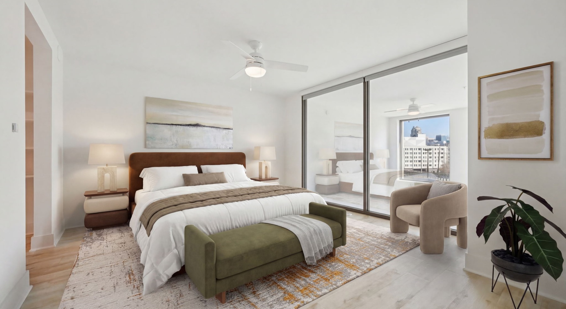 bedroom with huge windows, ceiling fan