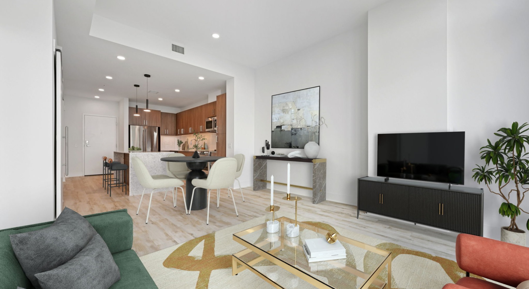 a kitchen with oak cabinets and open concept living