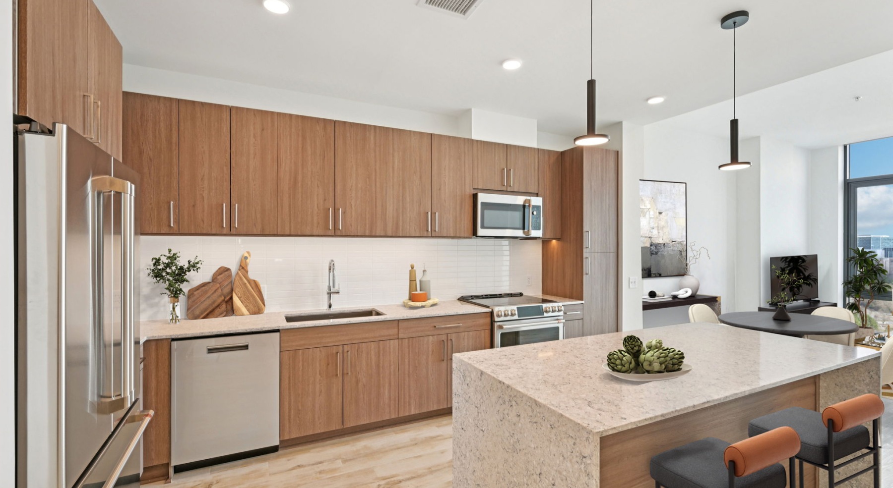 kitchen with waterfall countertops