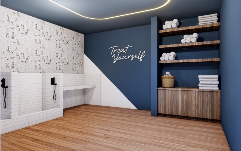 dog spa with bathing area and towels 