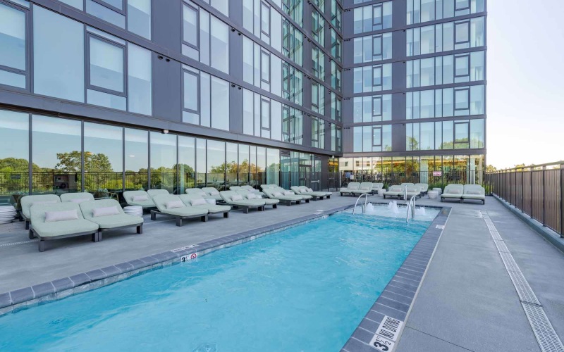 heated pool with lounge seating 