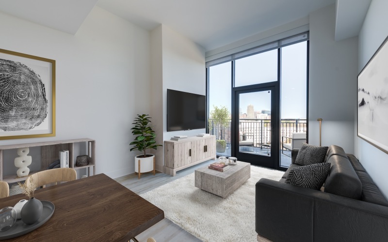 living room with a large window